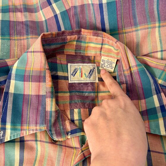 Super Thin Summer Weight 80s Pink Large Format‎ Plaid Button Shirt Large L - Picture 11 of 11